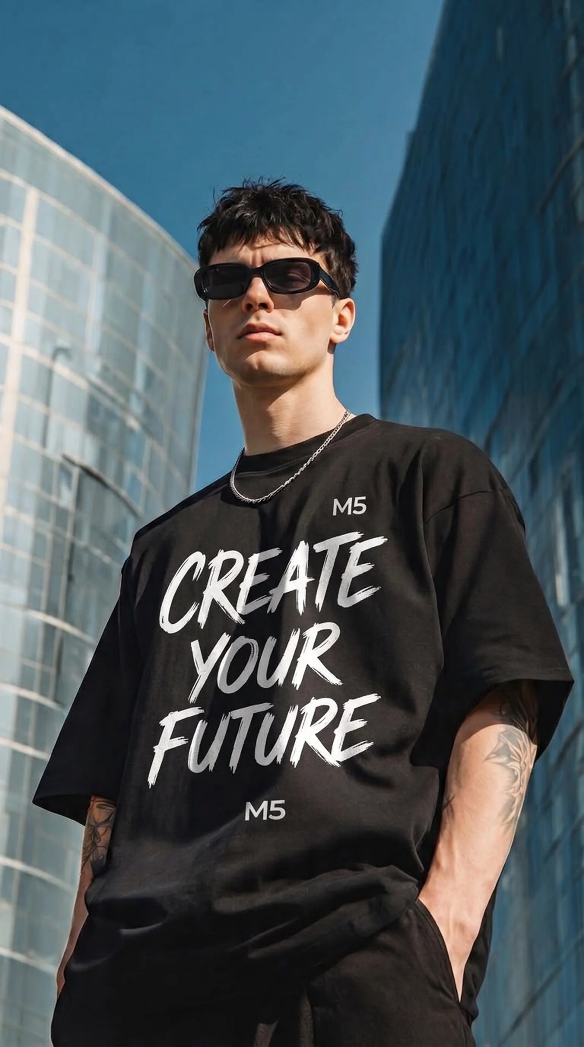 Model in an oversized black M5 Outfit T-shirt, low-angle street portrait
